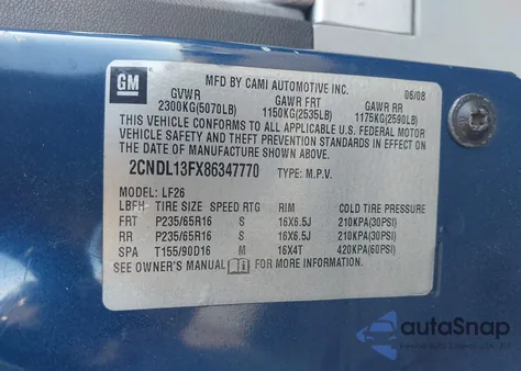 2008 Chevrolet Equinox Ls z USA, uszkodzony, nr VIN 2CNDL13FX86347770